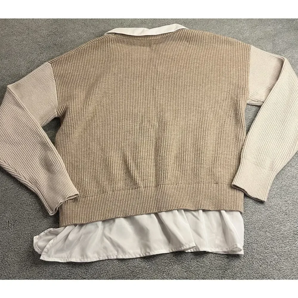 Sioni Milano Layered Look Ribbed Knit Sweater White Collar Hem Size L Tan B337